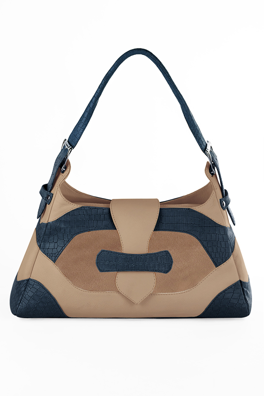Dress handbag in denim blue, biscuit beige and champagne white leather - Top view